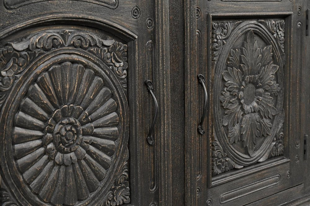 Black Distressed Solid Wood Carved Floral Three Drawer Sideboard with Three Doors