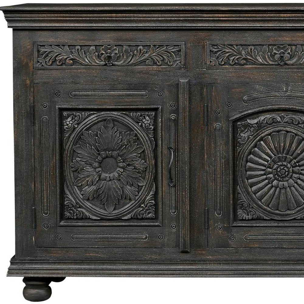 Black Distressed Solid Wood Carved Floral Three Drawer Sideboard with Three Doors