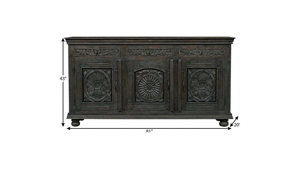 Black Distressed Solid Wood Carved Floral Three Drawer Sideboard with Three Doors