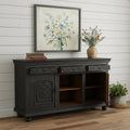 Black Distressed Solid Wood Carved Floral Three Drawer Sideboard with Three Doors