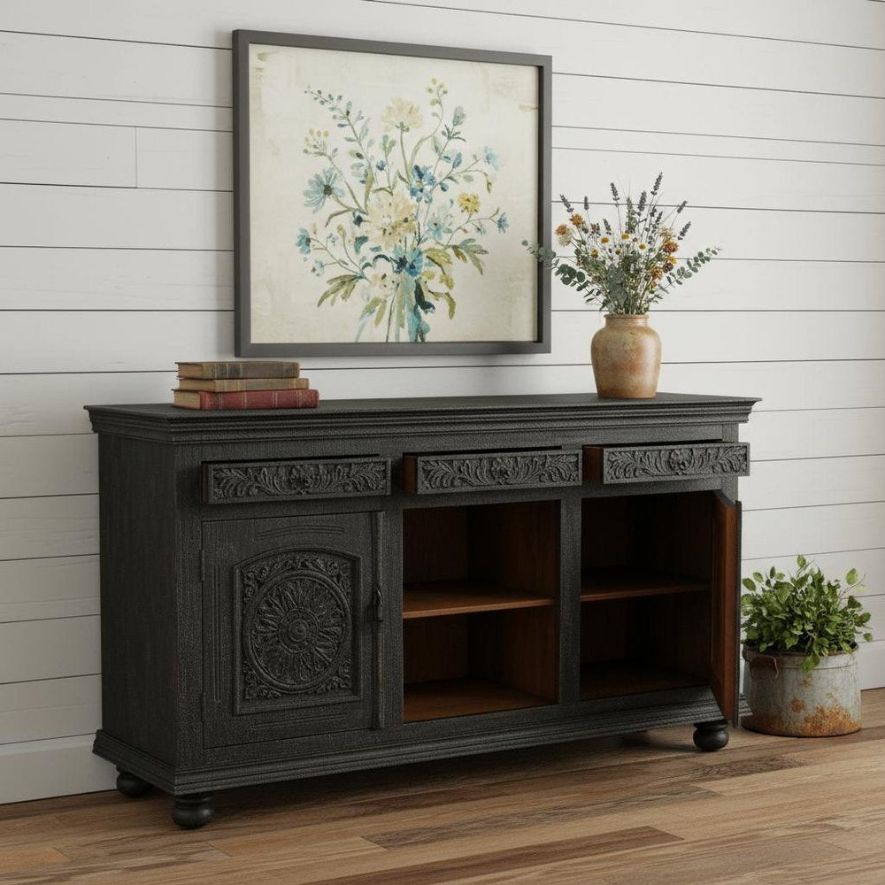 Black Distressed Solid Wood Carved Floral Three Drawer Sideboard with Three Doors