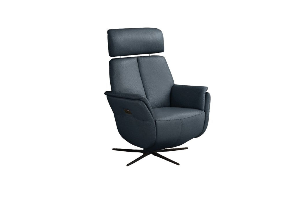 Blue Genuine Leather Power Swivel Recliner - 28-inch