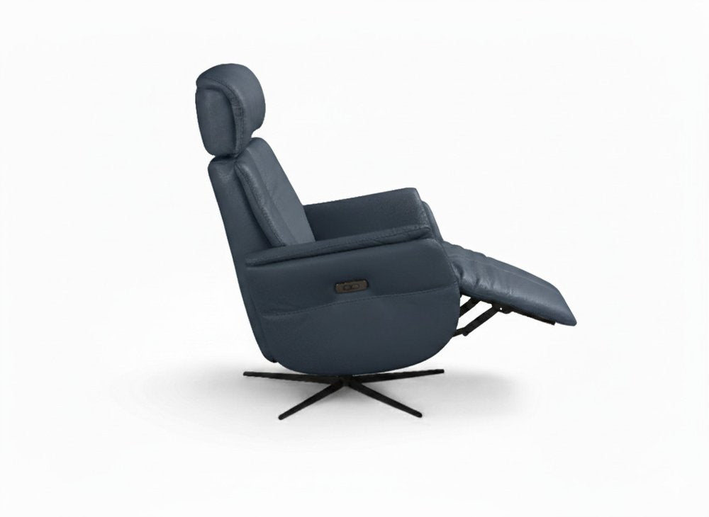 Blue Genuine Leather Power Swivel Recliner - 28-inch