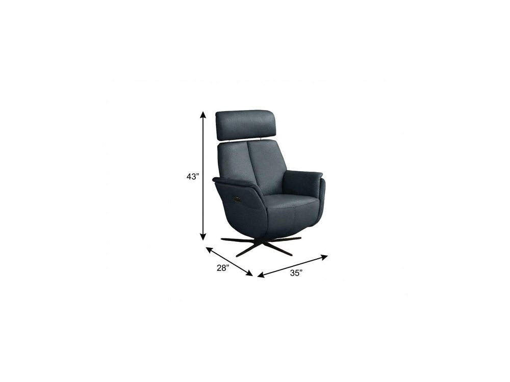 Blue Genuine Leather Power Swivel Recliner - 28-inch