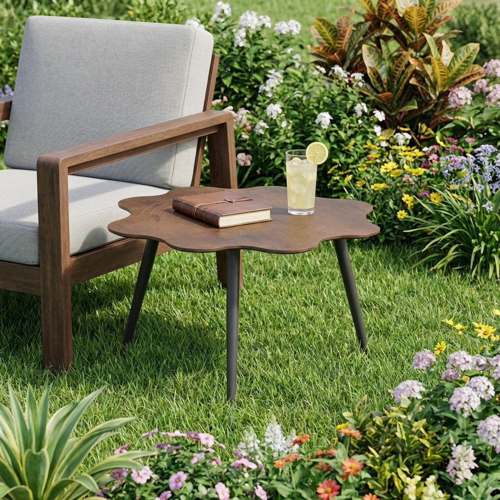 Brown and Dark Gray Wood and Aluminum Specialty Outdoor Side Table - 28-inch