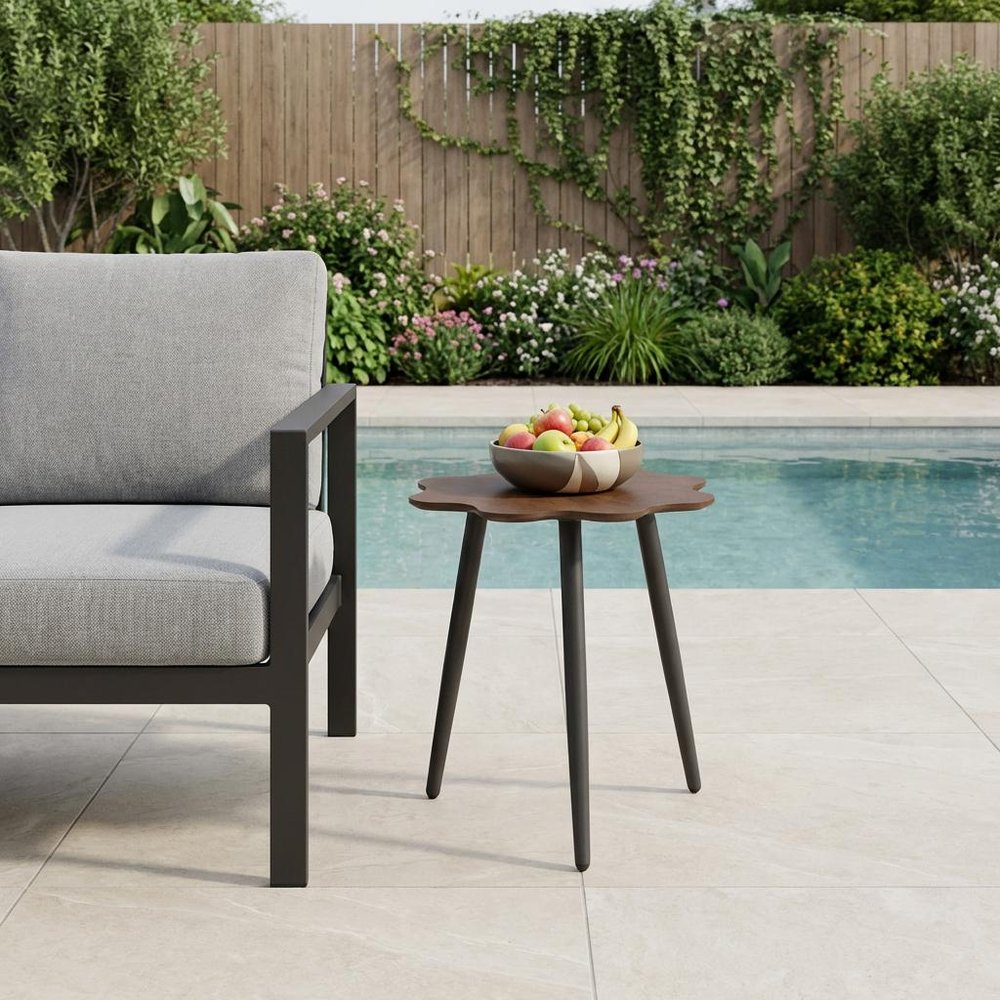 Brown and Dark Gray Wood and Aluminum Specialty Outdoor Side Table - 18-inch