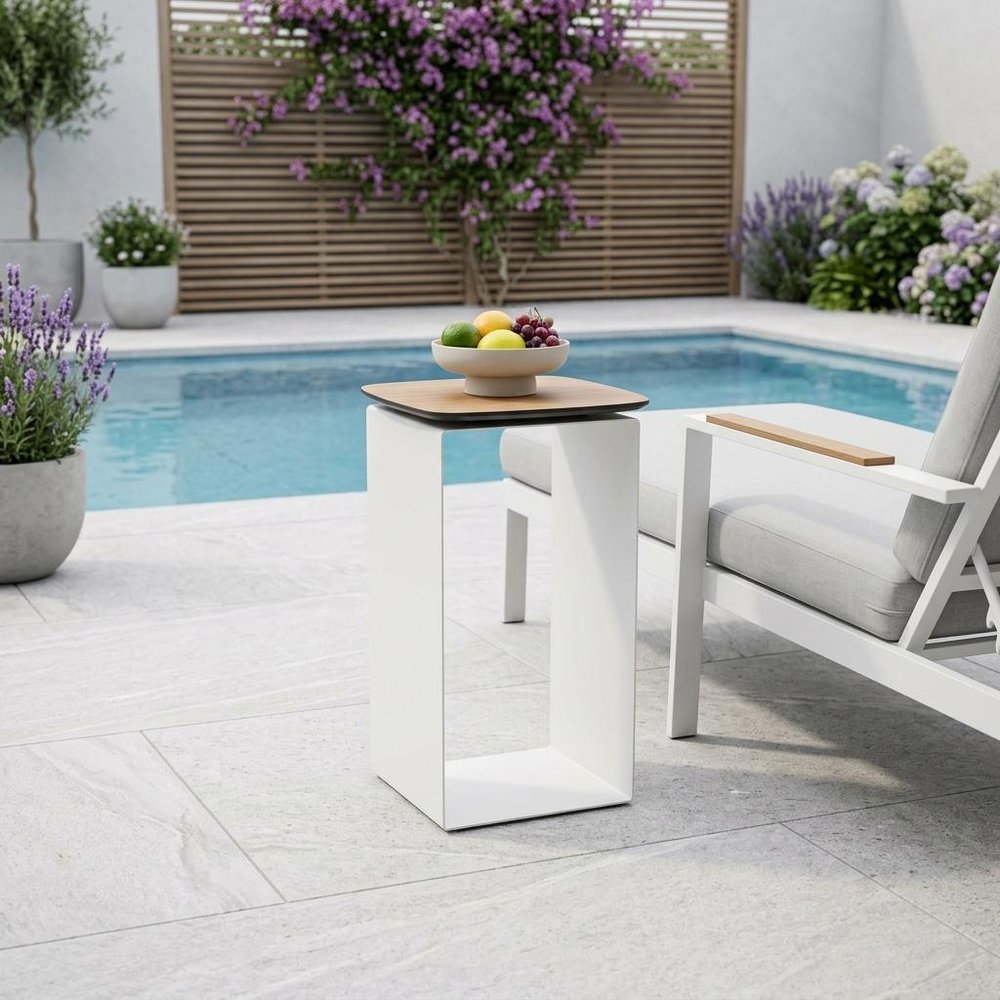 White and Brown Aluminum and Heavy Duty Resin Outdoor Side Table - 12-inch