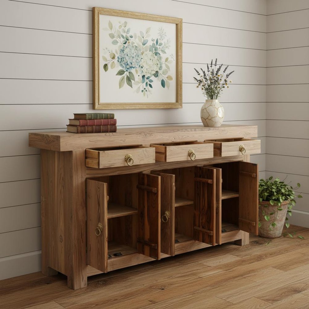 Brown Solid Wood Paneled Three Drawer Sideboard with Six Doors - 72-inch