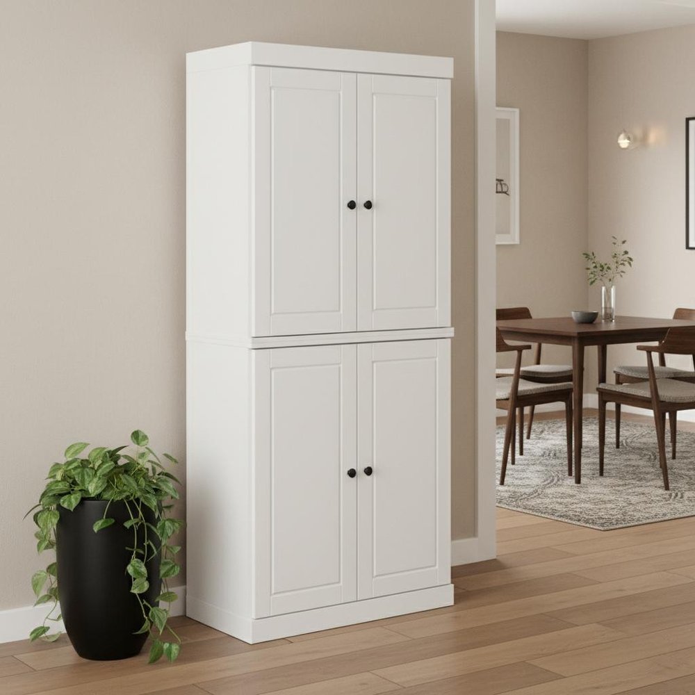 White Solid Wood Four Door Pantry or Storage Closet - 72-inch