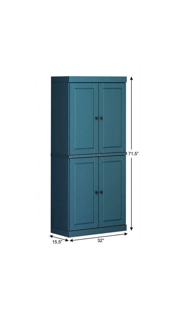 Teal Blue Solid Wood Four Door Pantry or Storage Closet - 72-inch