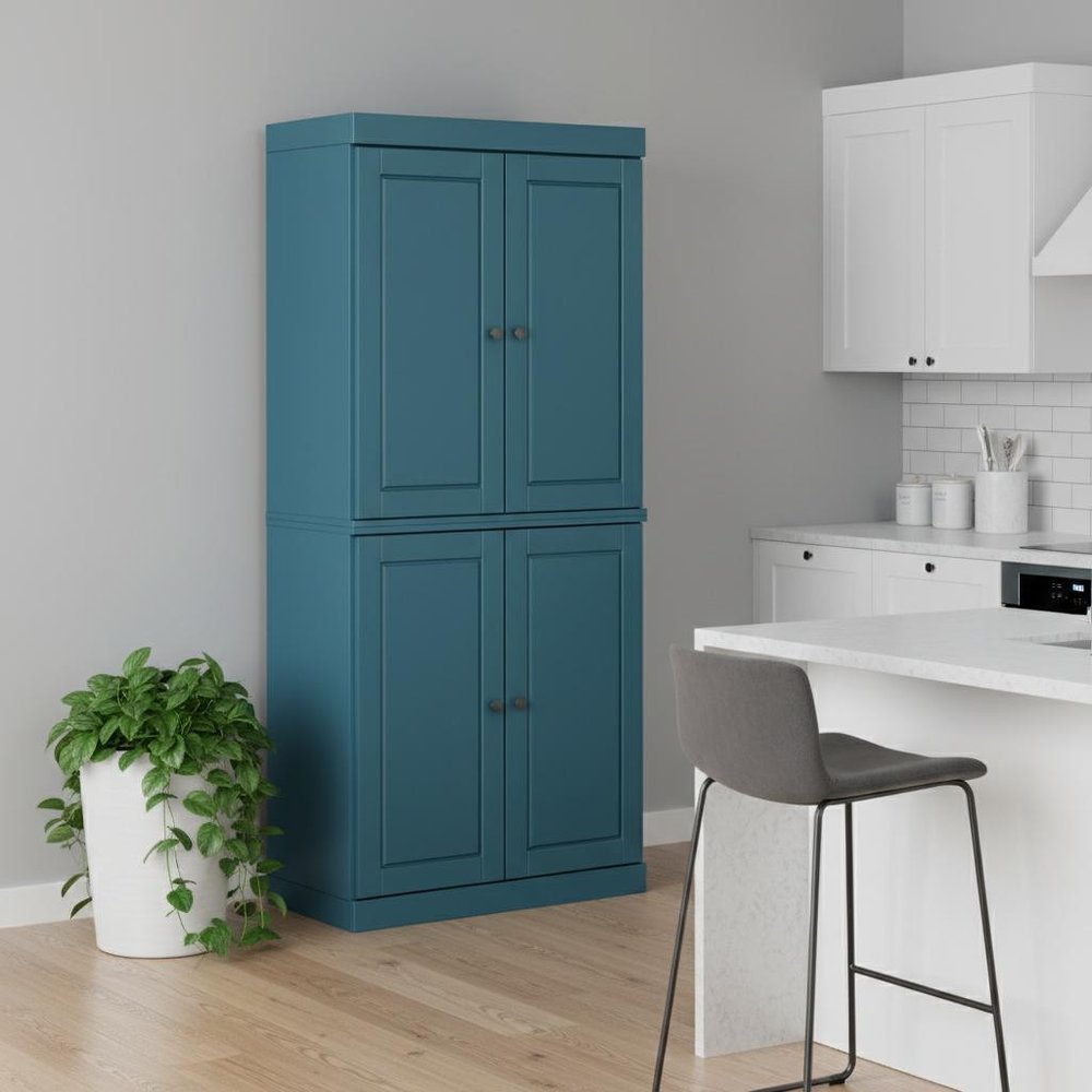 Teal Blue Solid Wood Four Door Pantry or Storage Closet - 72-inch