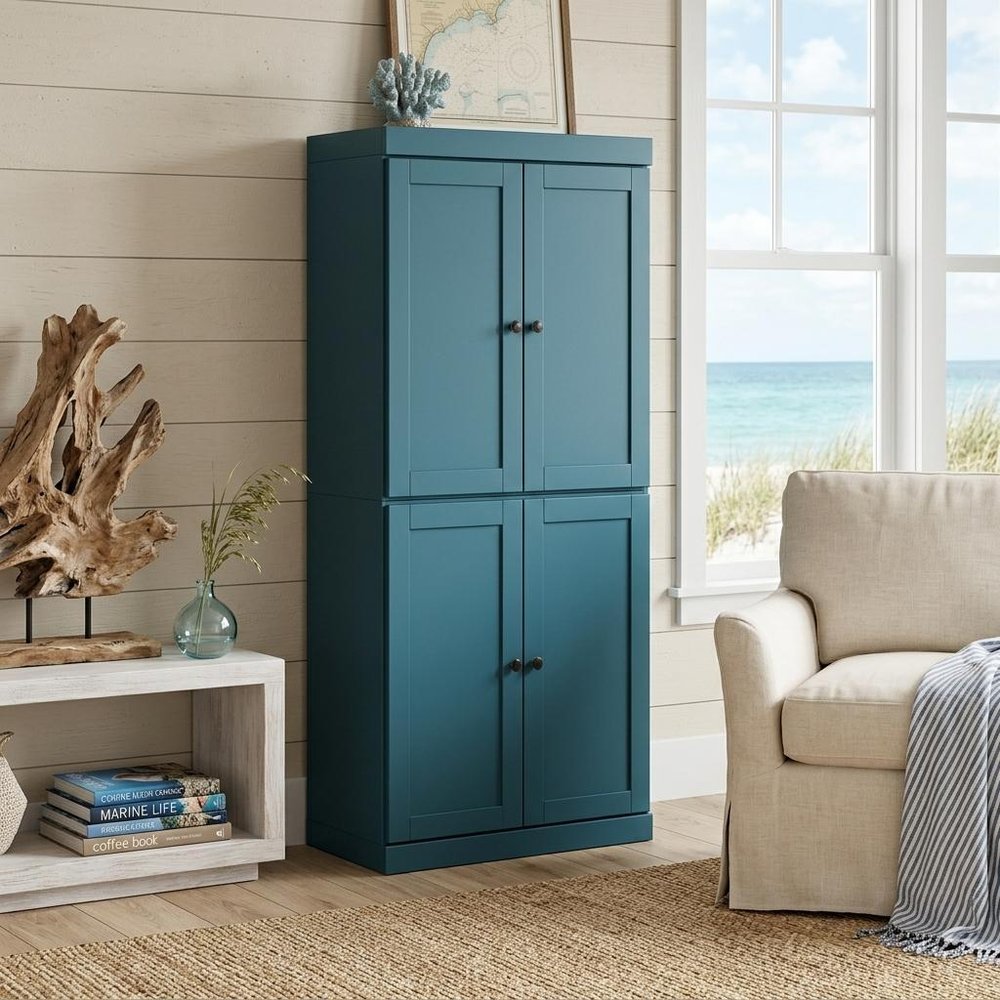Teal Blue Solid Wood Four Door Pantry or Storage Closet - 72-inch