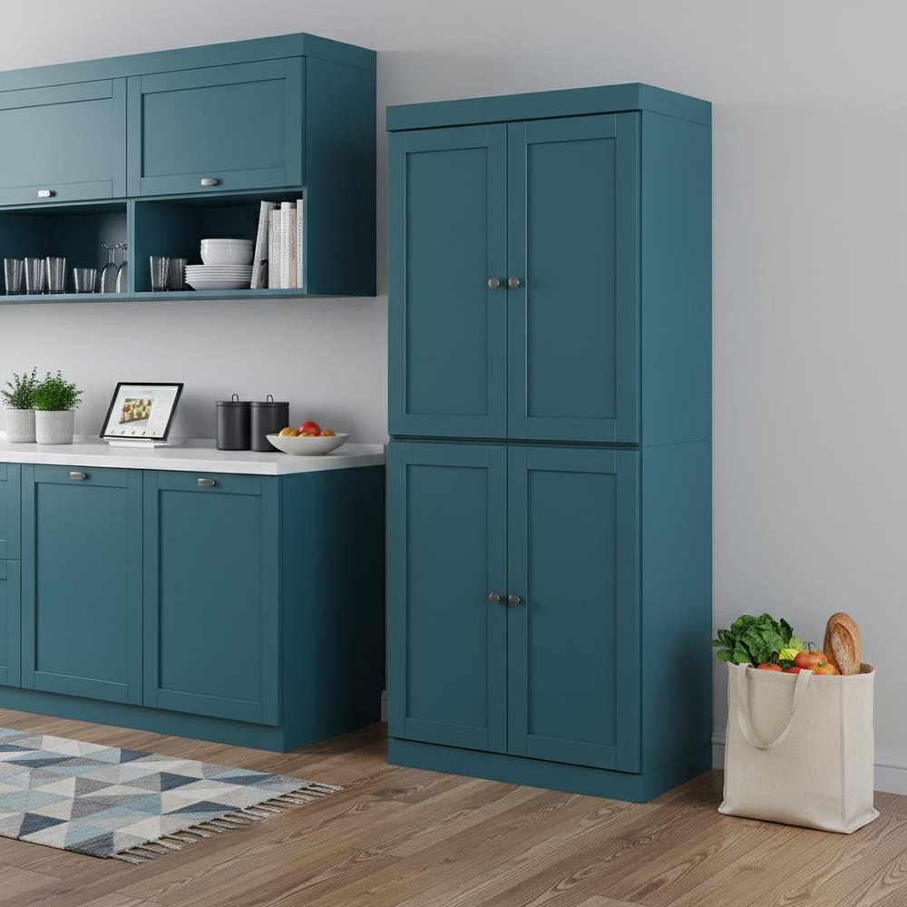 Teal Blue Solid Wood Four Door Pantry or Storage Closet - 72-inch