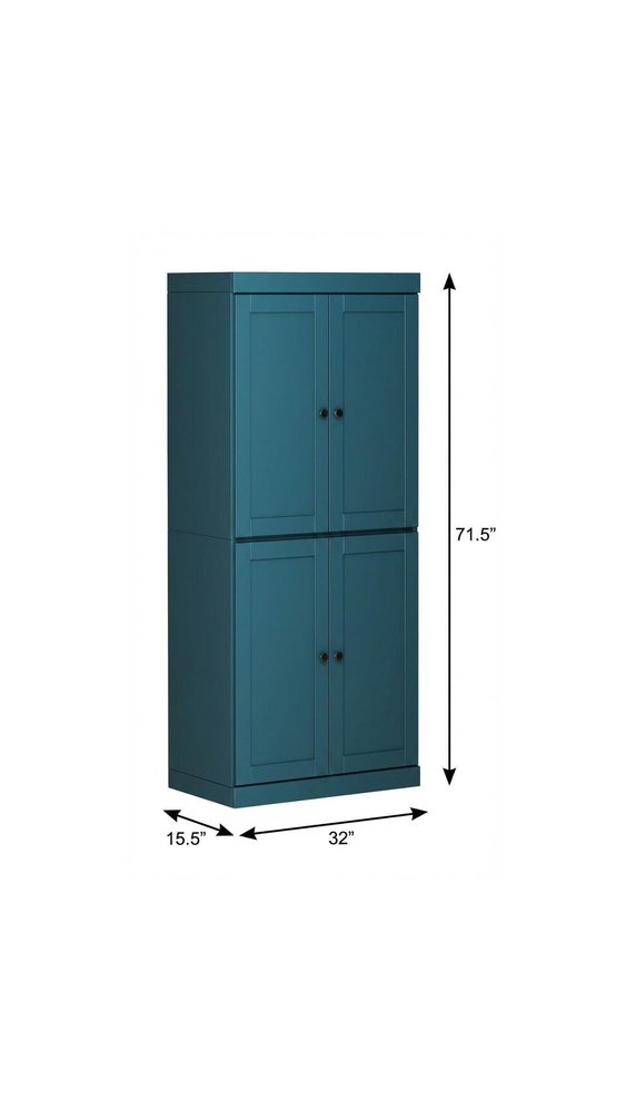 Teal Blue Solid Wood Four Door Pantry or Storage Closet - 72-inch