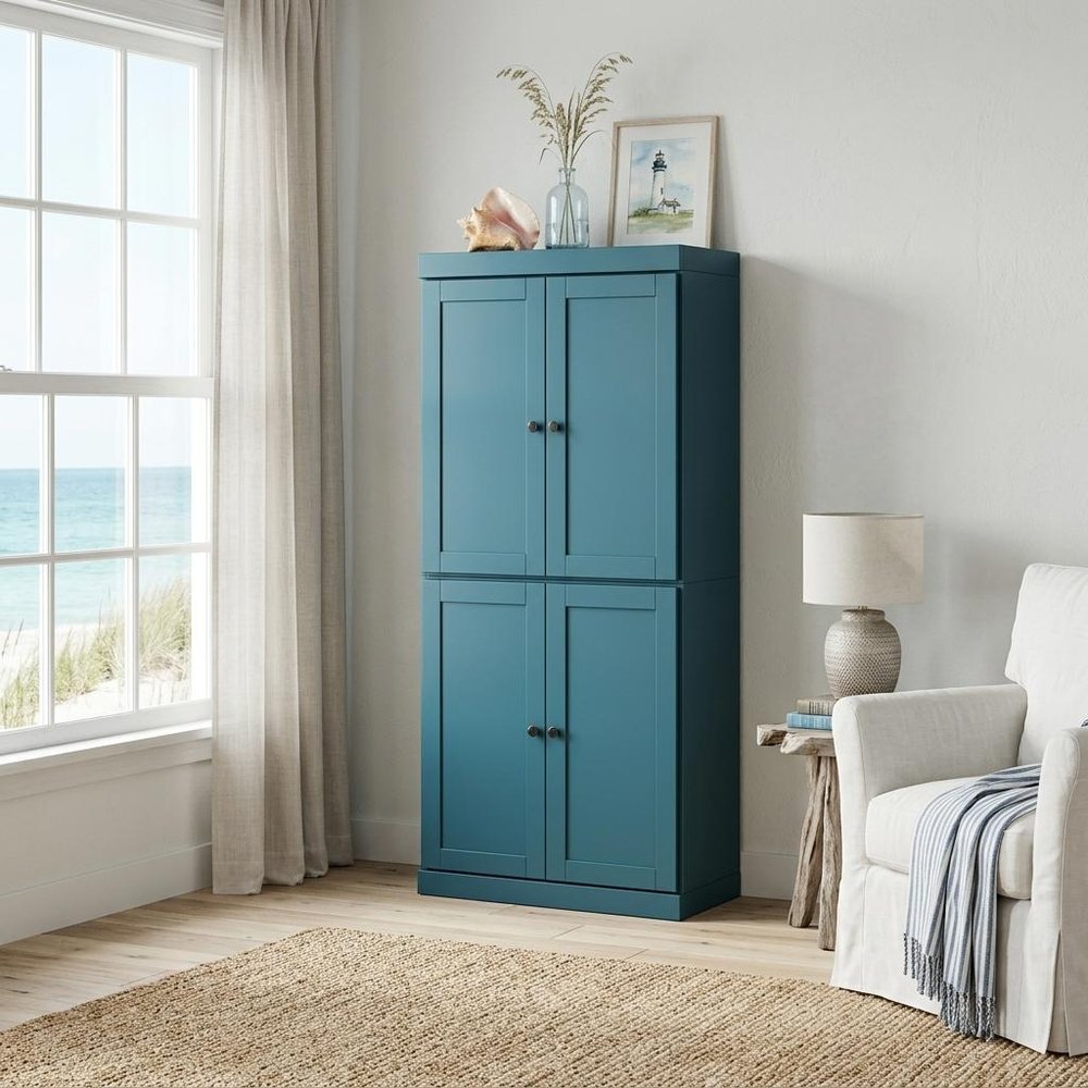 Teal Blue Solid Wood Four Door Pantry or Storage Closet - 72-inch