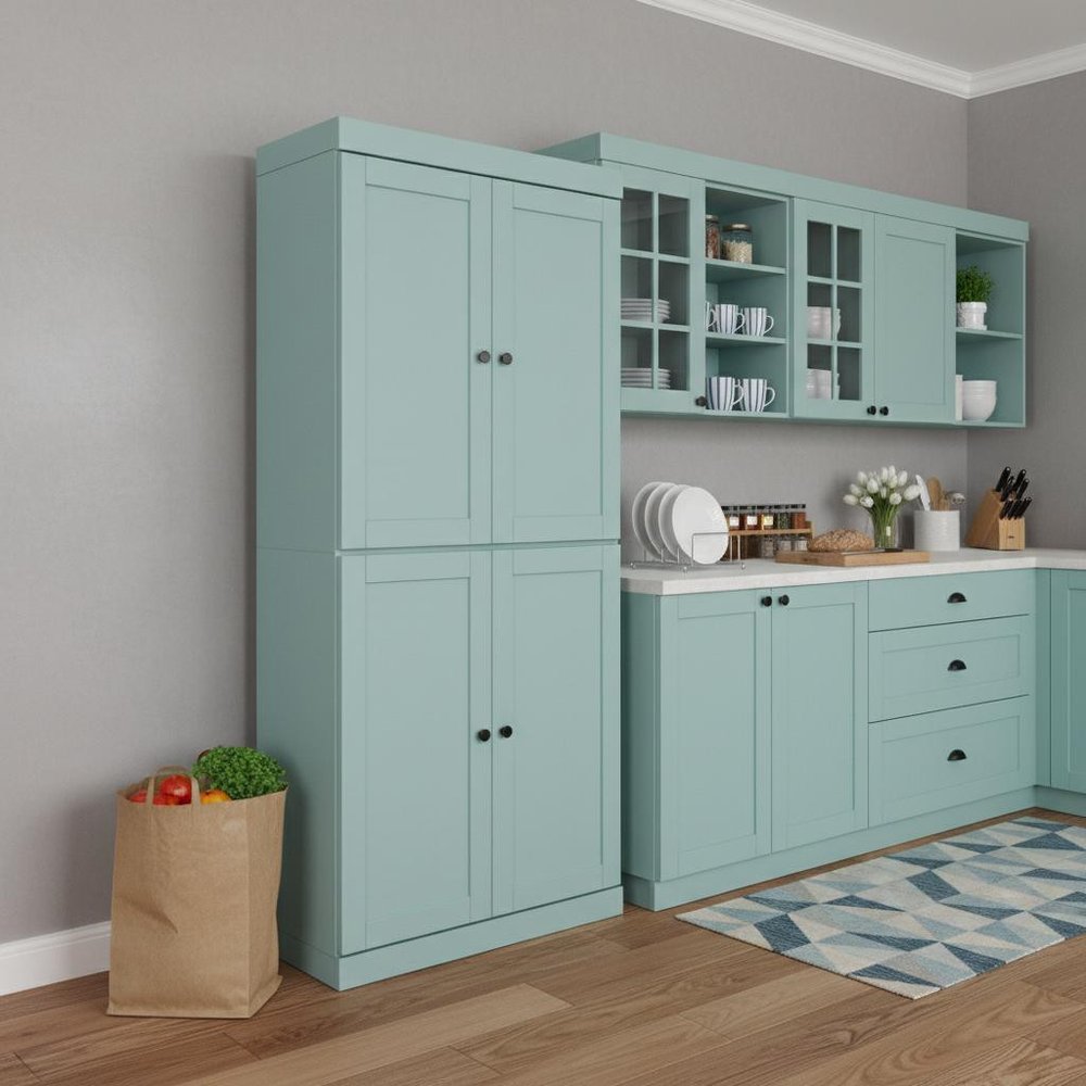 Teal Blue Solid Wood Four Door Pantry or Storage Closet - 72-inch
