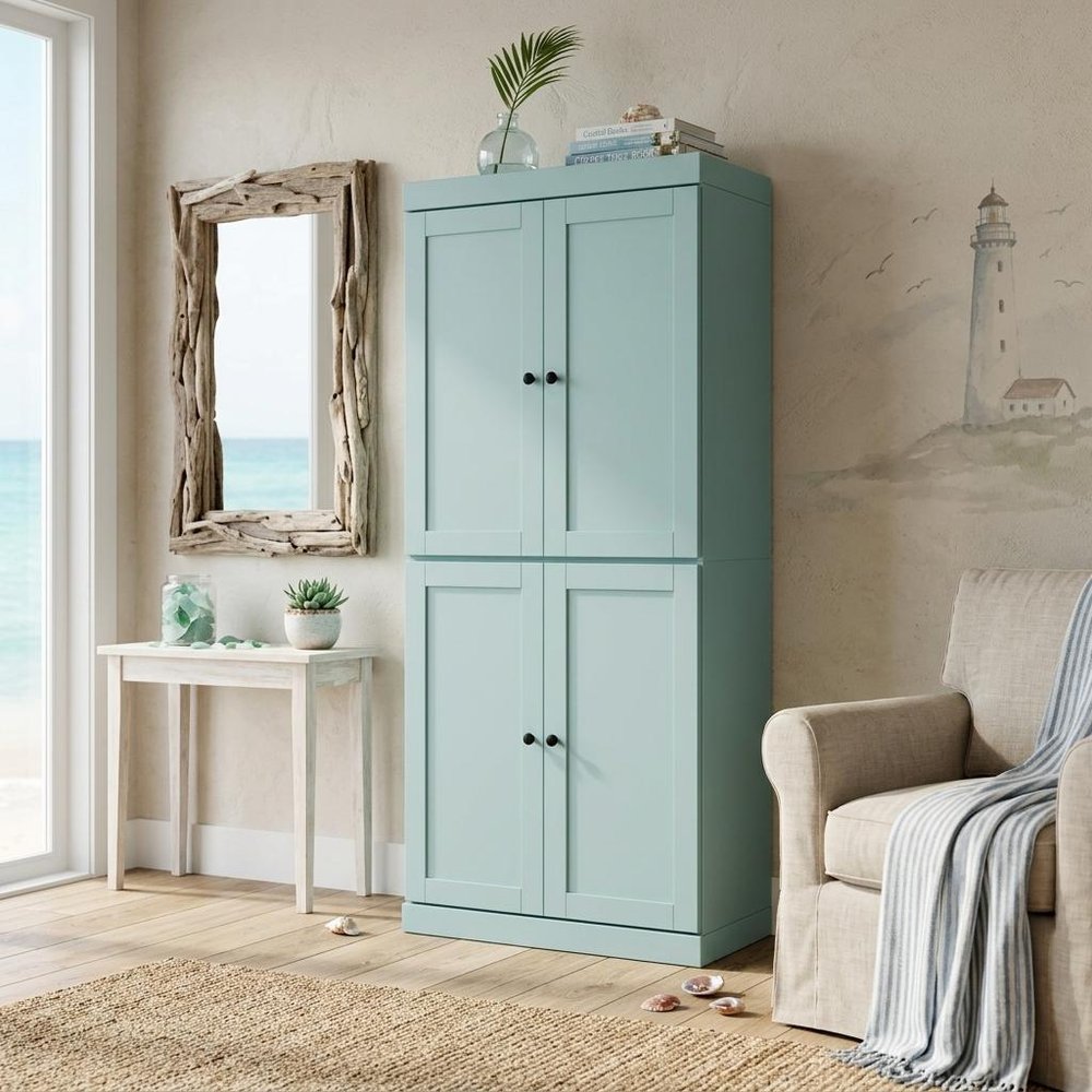 Teal Blue Solid Wood Four Door Pantry or Storage Closet - 72-inch