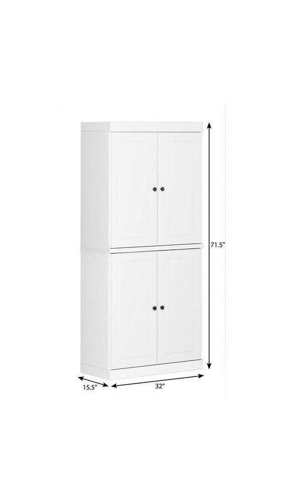 White Solid Wood Four Door Two Drawer Pantry or Storage Closet - 72-inch