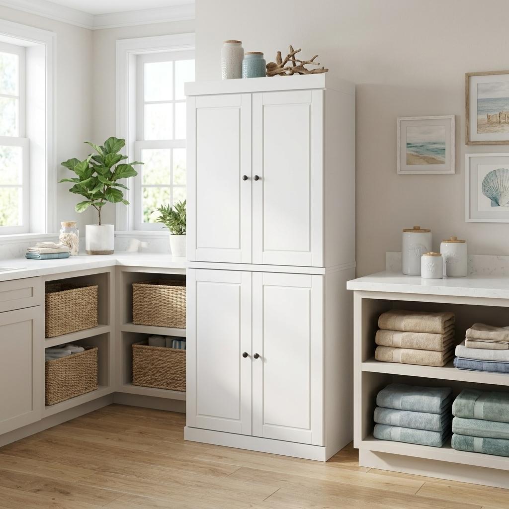 White Solid Wood Four Door Two Drawer Pantry or Storage Closet - 72-inch