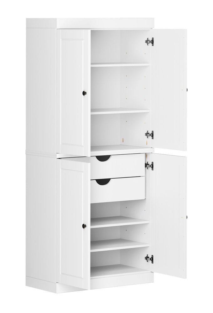 White Solid Wood Four Door Two Drawer Pantry or Storage Closet - 72-inch