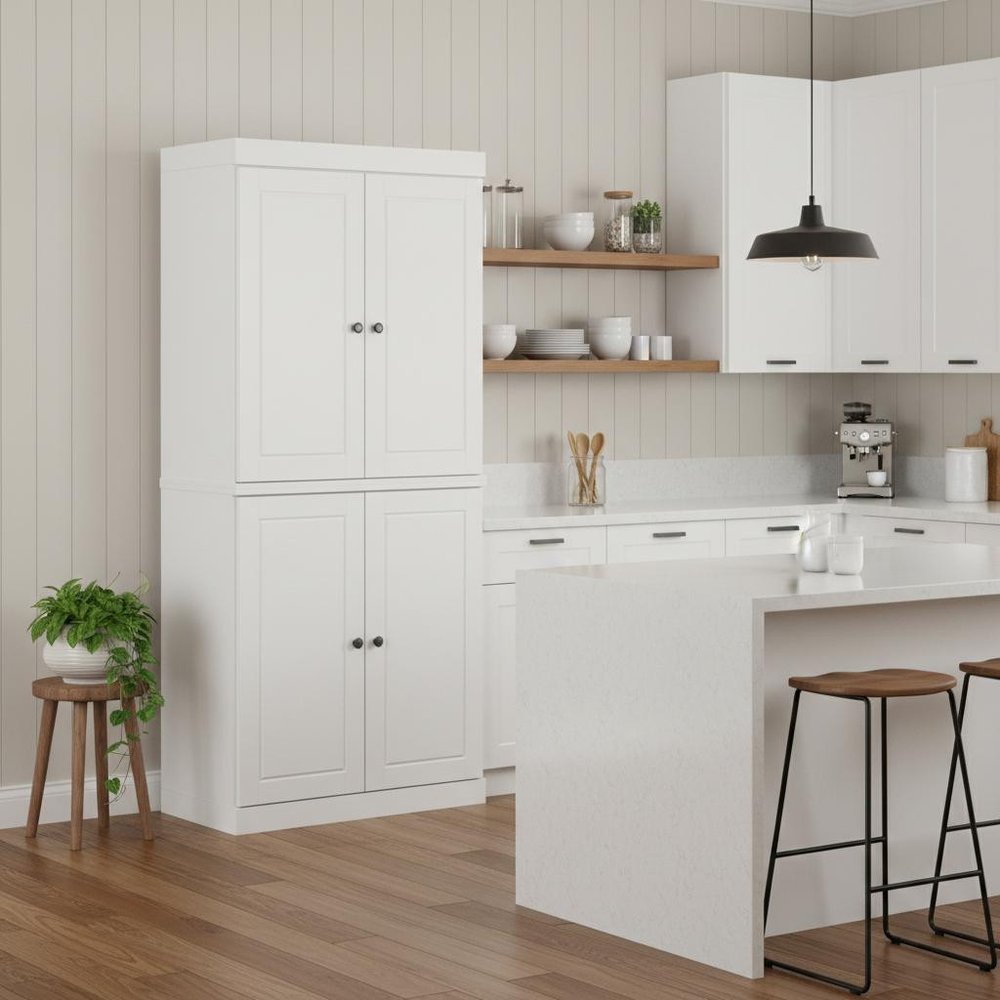 White Solid Wood Four Door Two Drawer Pantry or Storage Closet - 72-inch