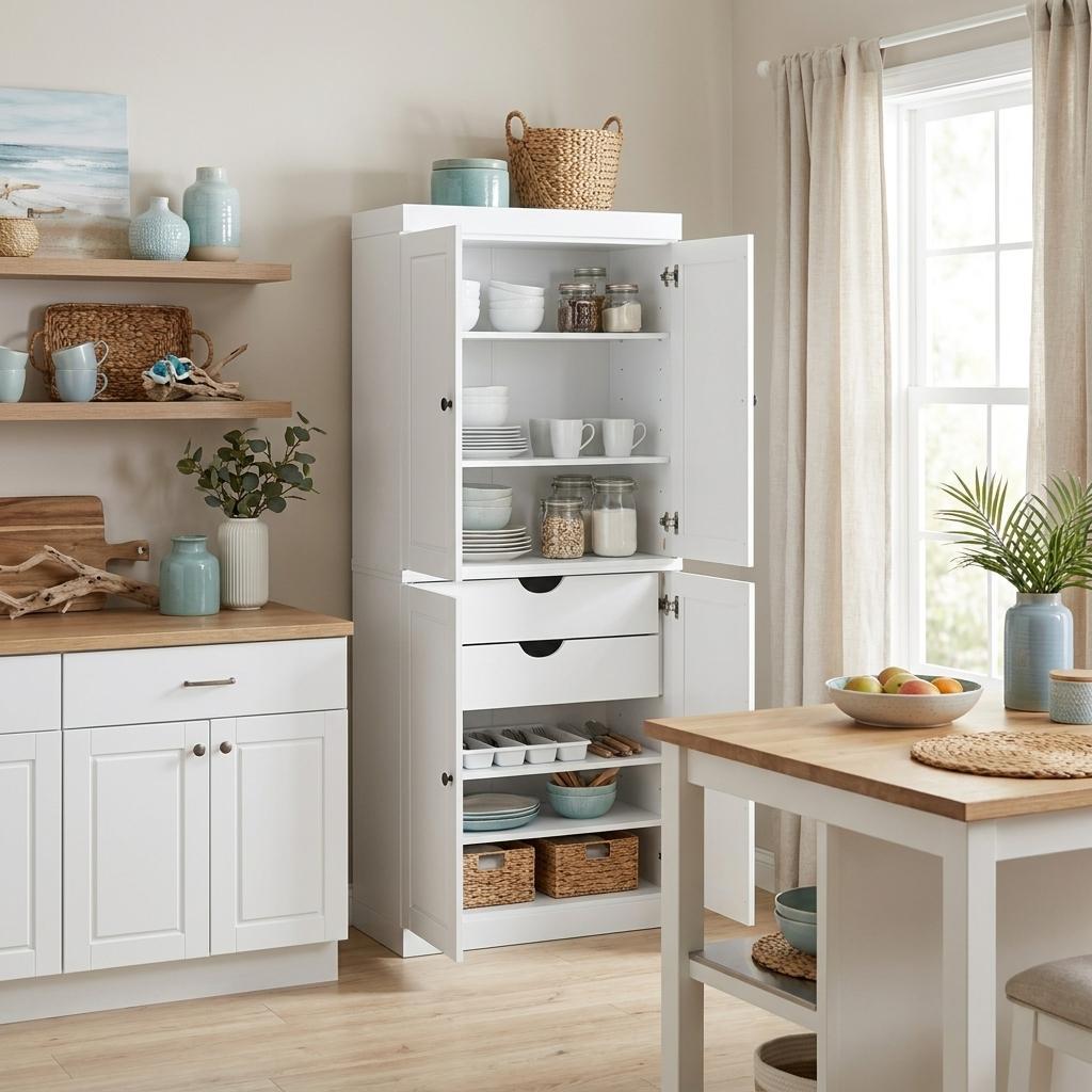 White Solid Wood Four Door Two Drawer Pantry or Storage Closet - 72-inch