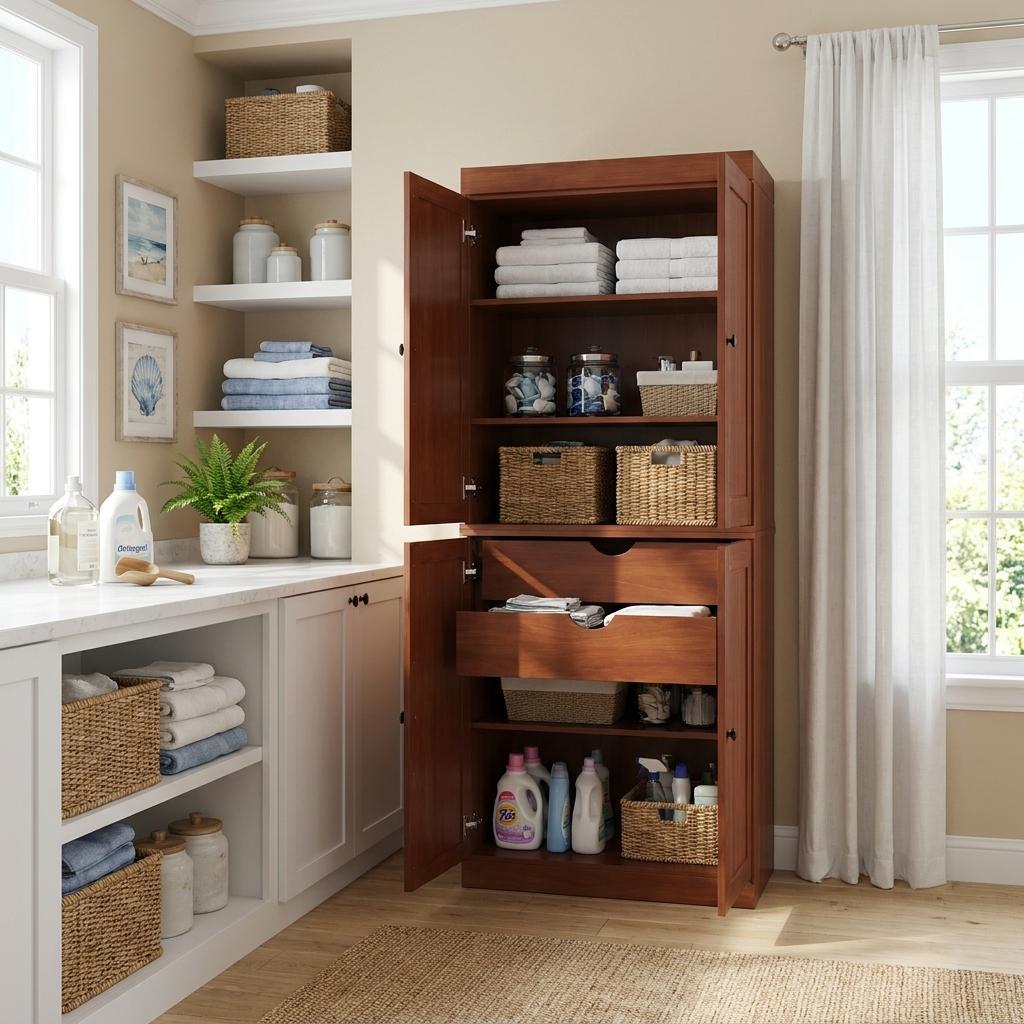 Coffee Solid Wood Four Door Two Drawer Pantry or Storage Closet - 72-inch