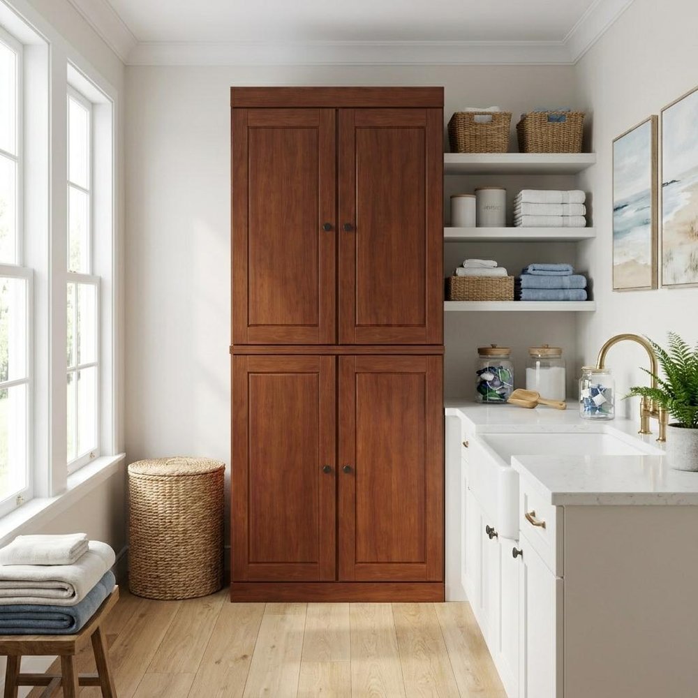 Coffee Solid Wood Four Door Two Drawer Pantry or Storage Closet - 72-inch