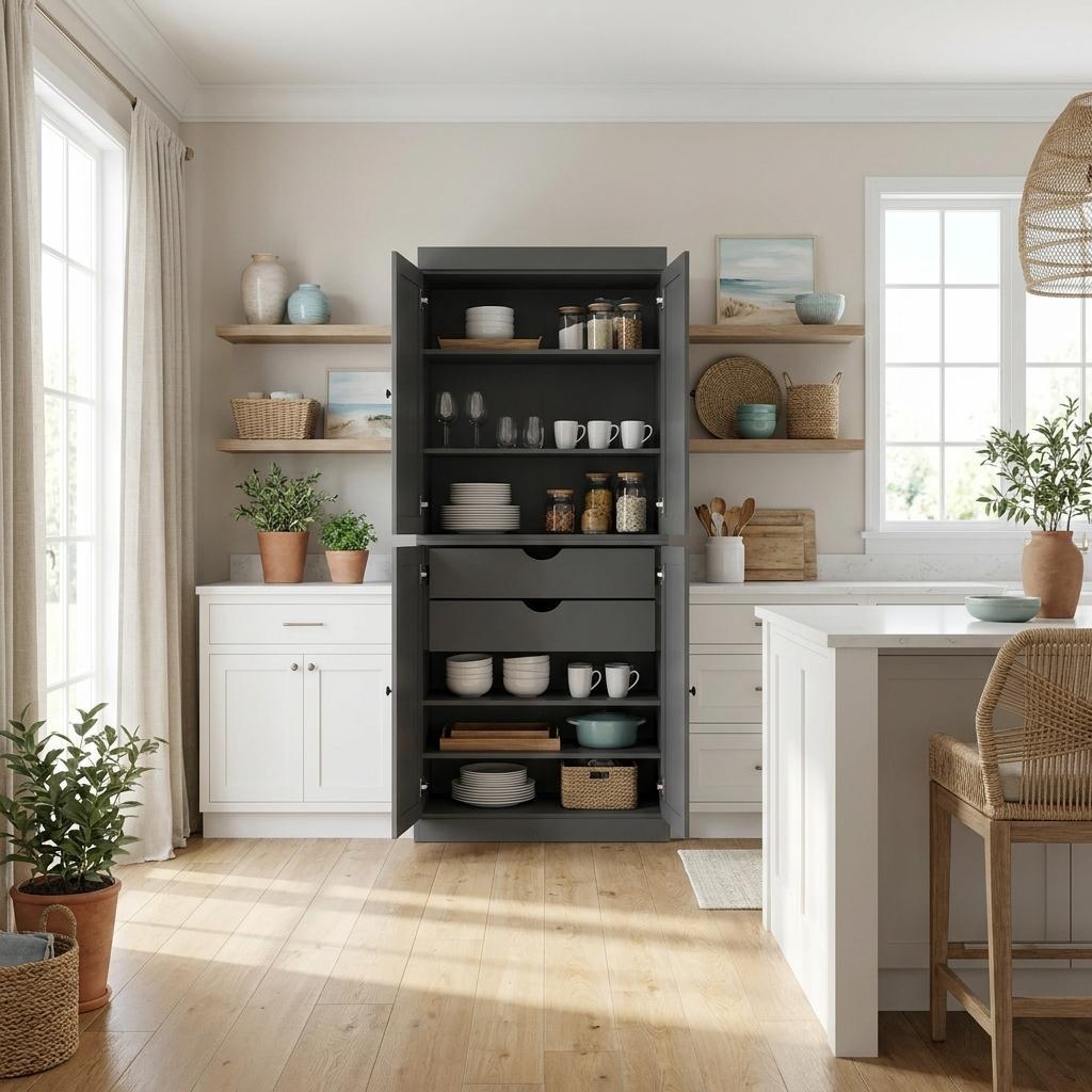 Gray Solid Wood Four Door Two Drawer Pantry or Storage Closet - 72-inch