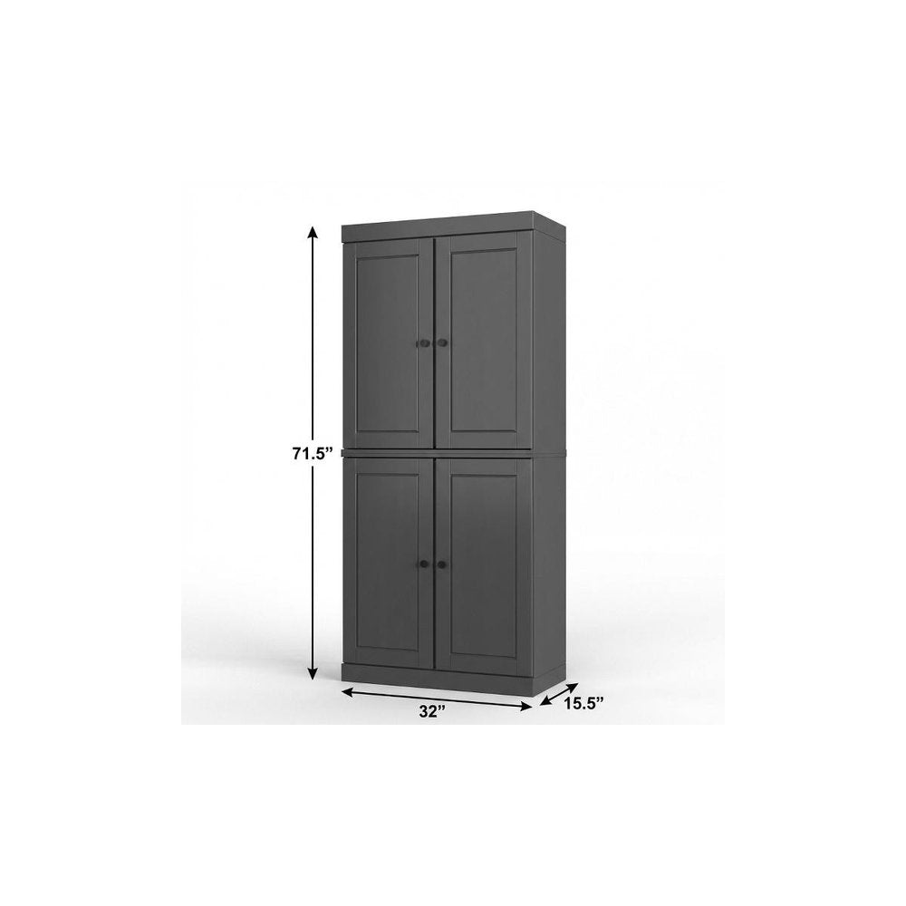 Gray Solid Wood Four Door Two Drawer Pantry or Storage Closet - 72-inch