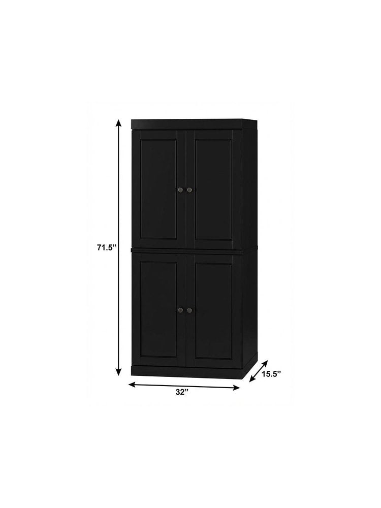 Black Solid Wood Four Door Two Drawer Pantry or Storage Closet - 72-inch