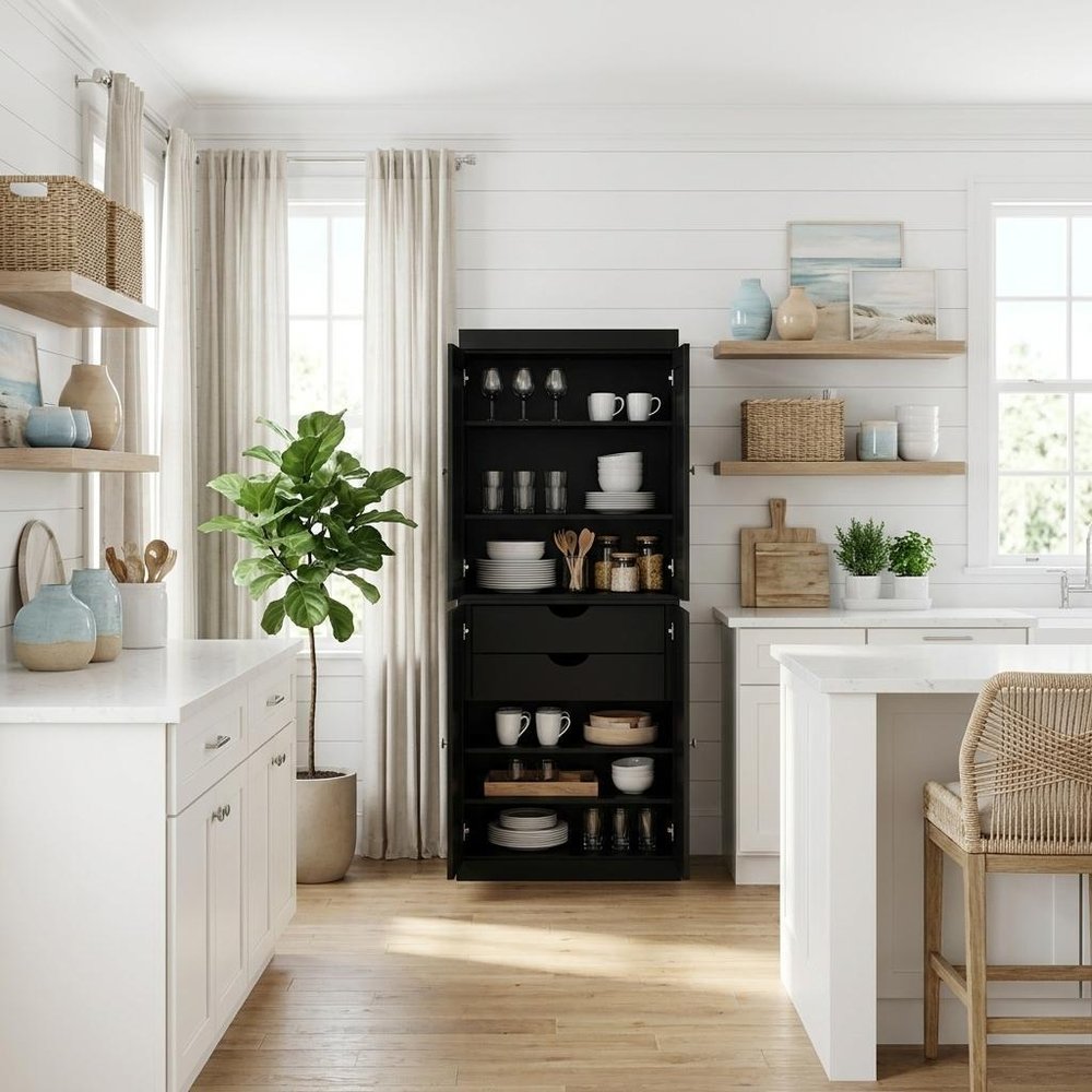 Black Solid Wood Four Door Two Drawer Pantry or Storage Closet - 72-inch