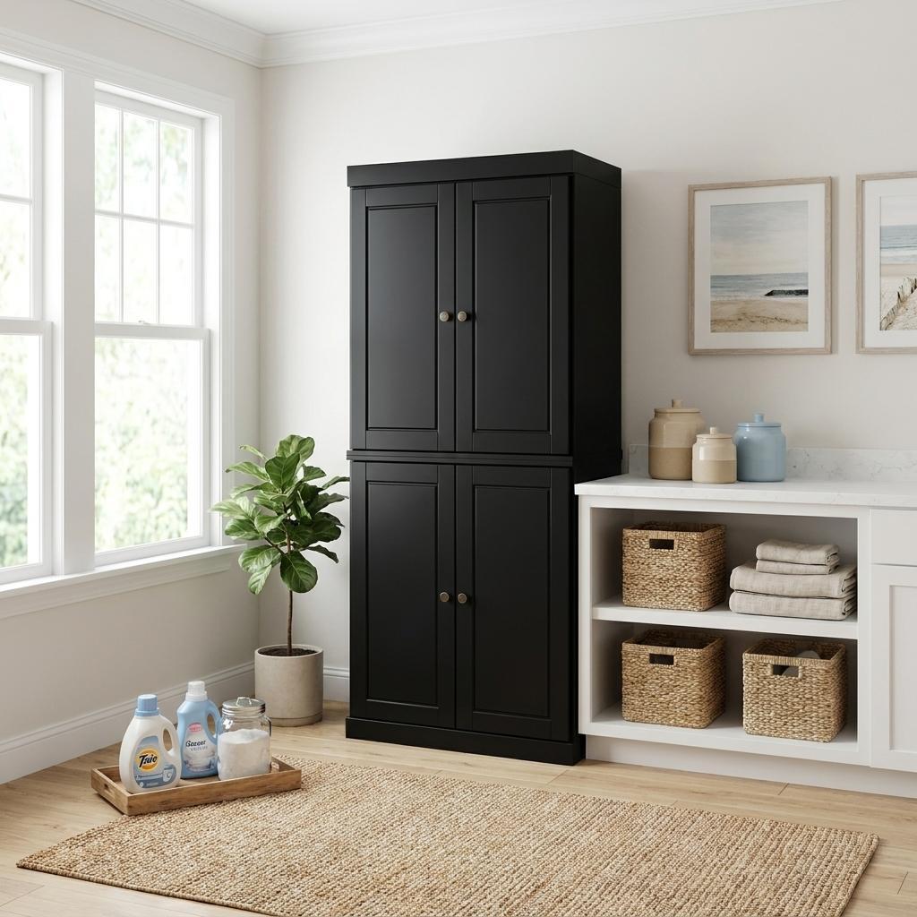 Black Solid Wood Four Door Two Drawer Pantry or Storage Closet - 72-inch