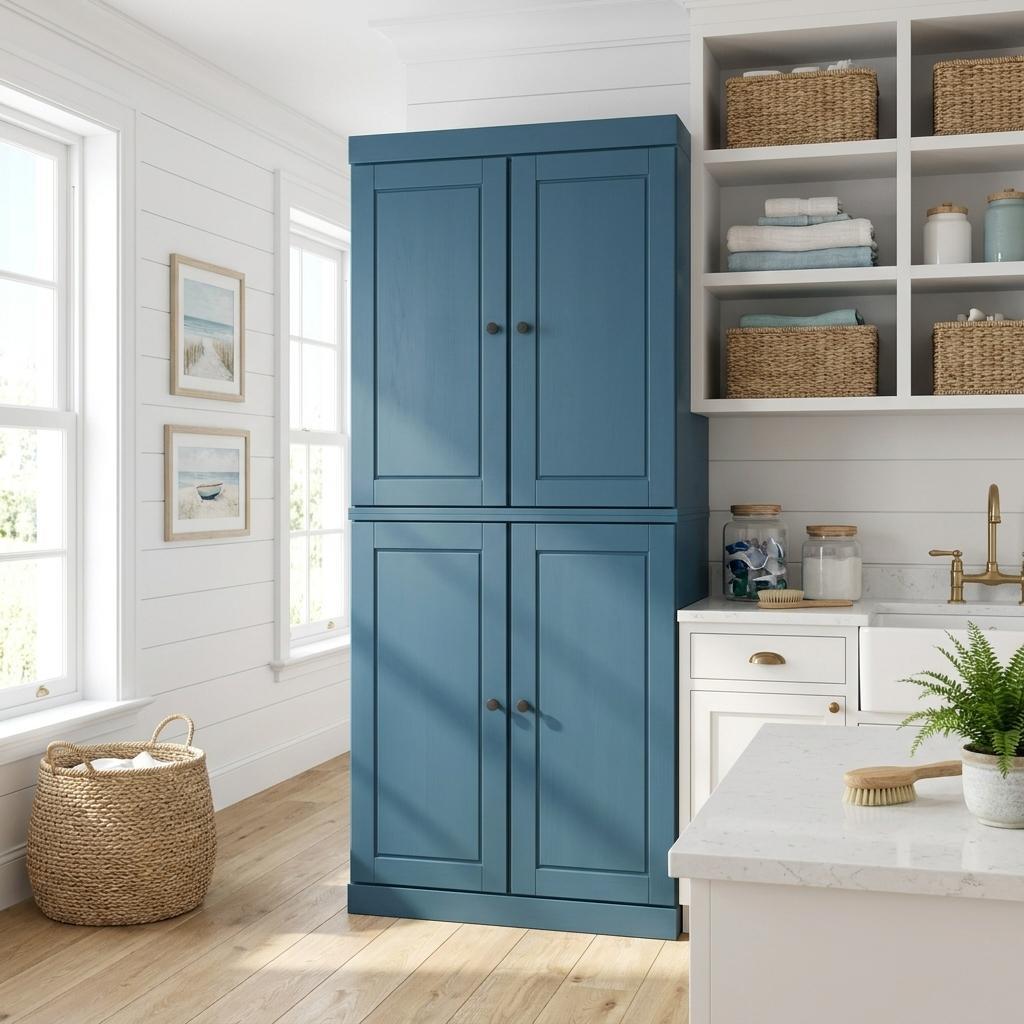 Teal Blue Solid Wood Four Door Two Drawer Pantry or Storage Closet - 72-inch