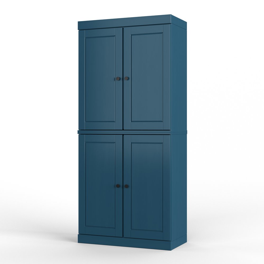 Teal Blue Solid Wood Four Door Two Drawer Pantry or Storage Closet - 72-inch