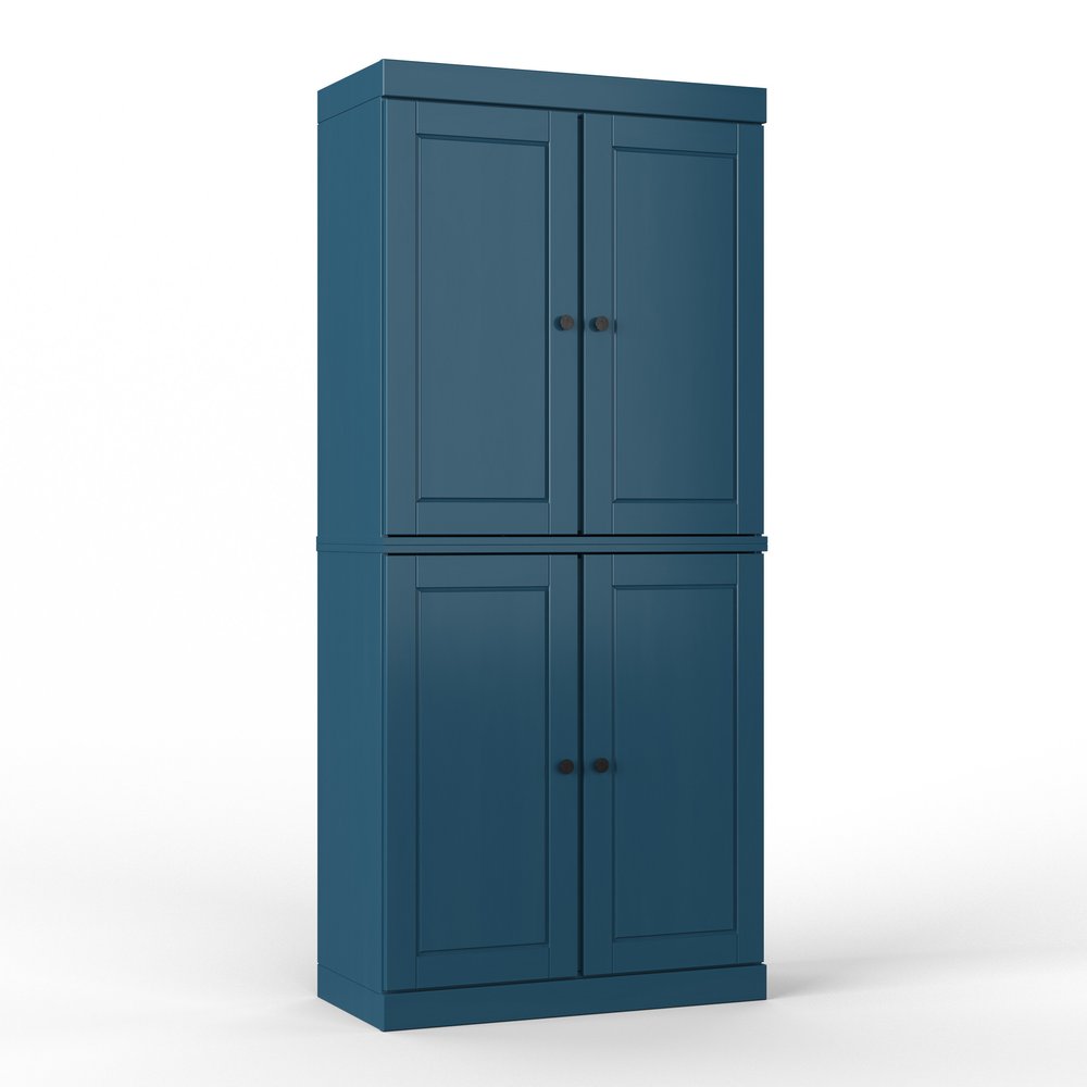 Teal Blue Solid Wood Four Door Two Drawer Pantry or Storage Closet - 72-inch