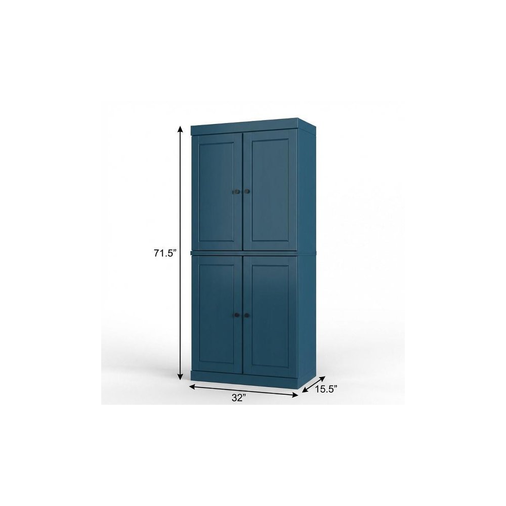 Teal Blue Solid Wood Four Door Two Drawer Pantry or Storage Closet - 72-inch