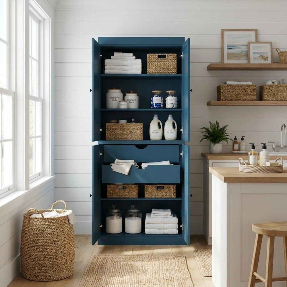 Teal Blue Solid Wood Four Door Two Drawer Pantry or Storage Closet - 72-inch