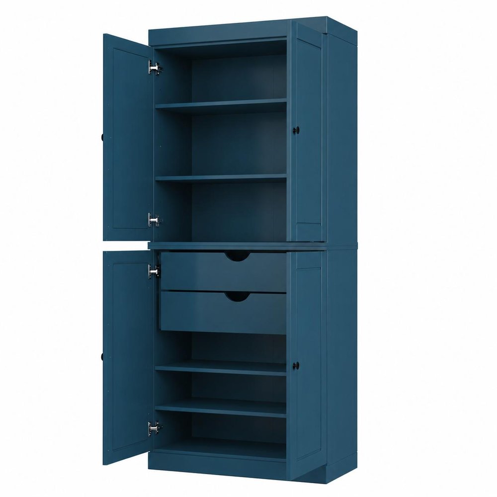 Teal Blue Solid Wood Four Door Two Drawer Pantry or Storage Closet - 72-inch