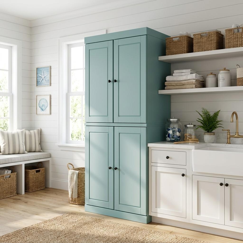 Aqua Solid Wood Four Door Two Drawer Pantry or Storage Closet - 72-inch