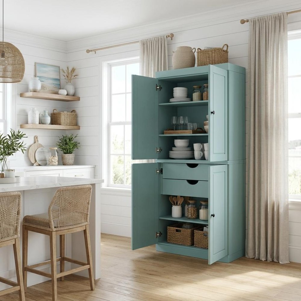 Aqua Solid Wood Four Door Two Drawer Pantry or Storage Closet - 72-inch