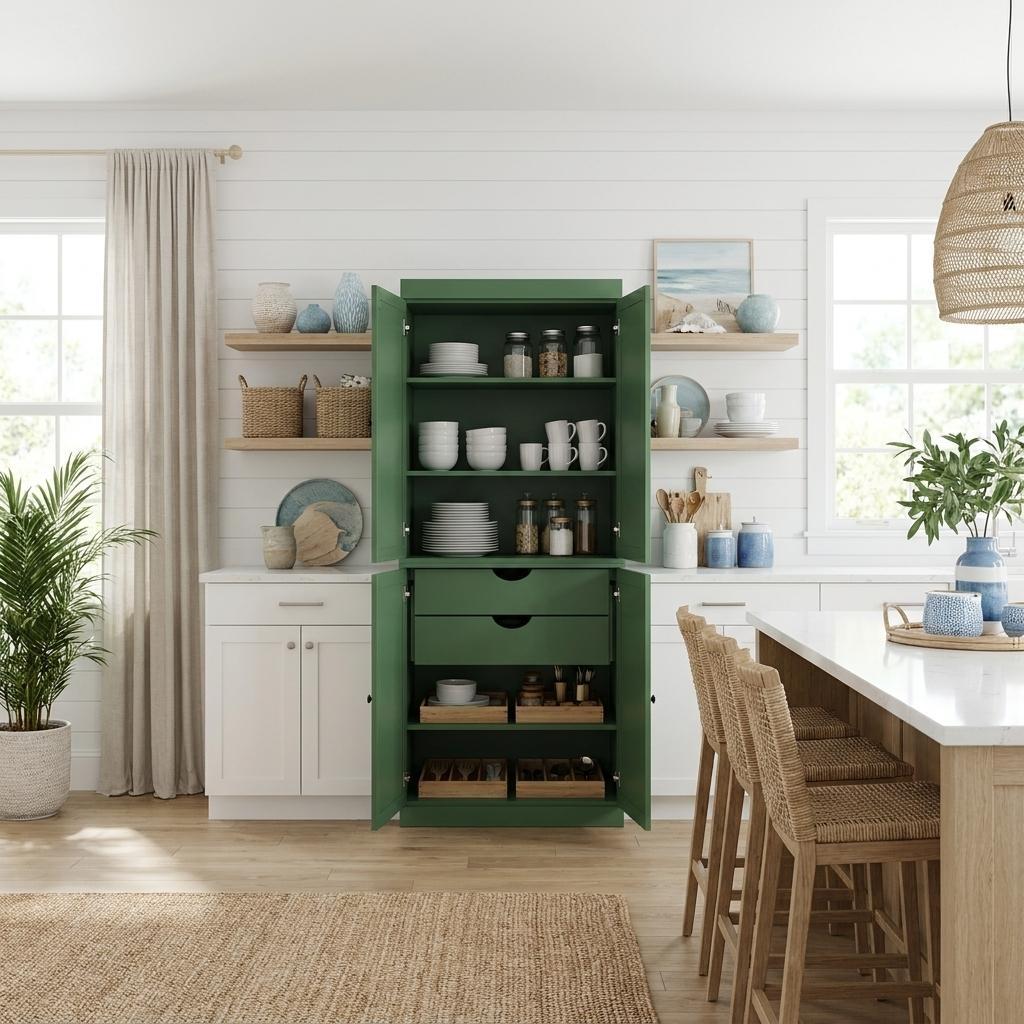 Green Solid Wood Four Door Two Drawer Pantry or Storage Closet - 72-inch