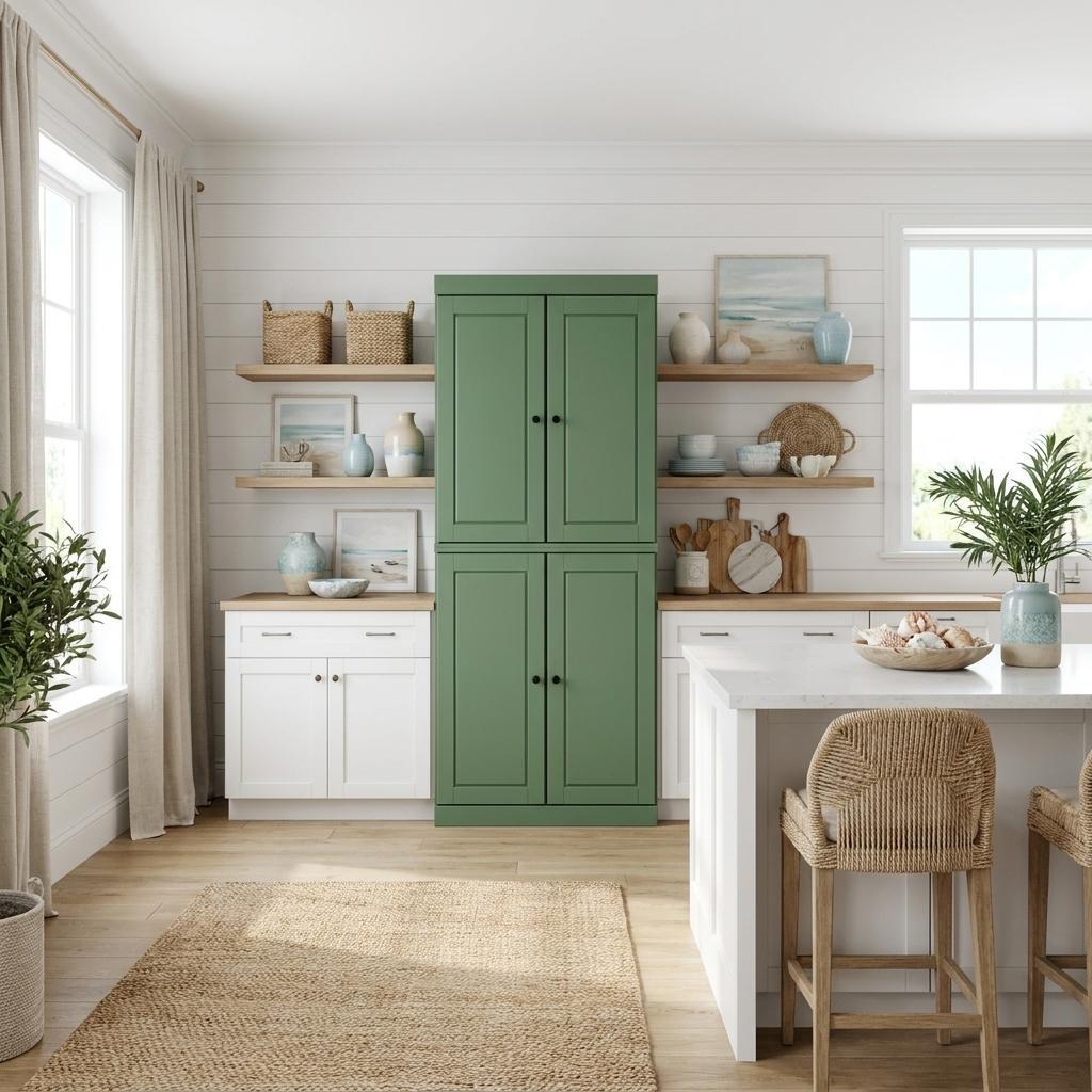 Green Solid Wood Four Door Two Drawer Pantry or Storage Closet - 72-inch