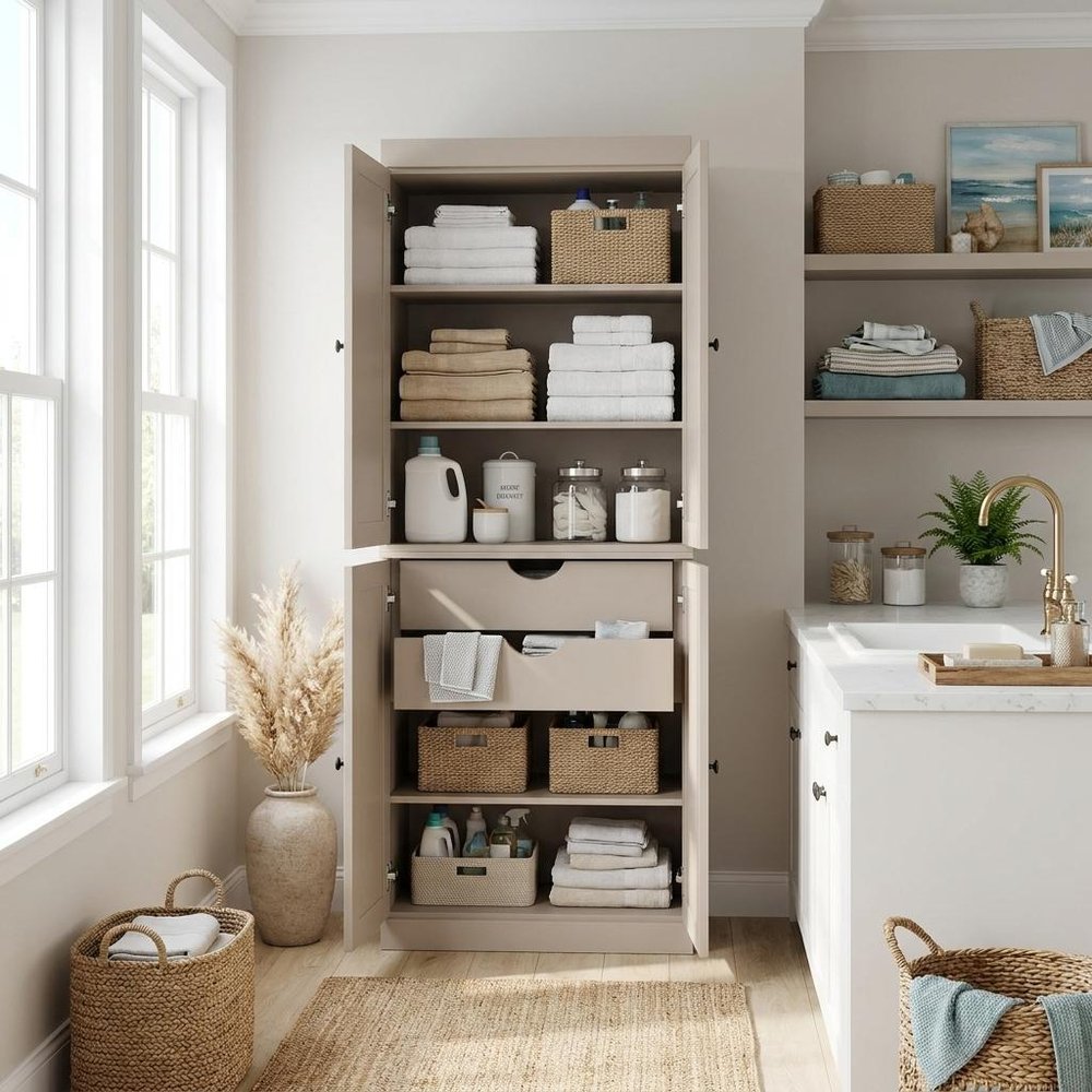 Beige Solid Wood Four Door Two Drawer Pantry or Storage Closet - 72-inch