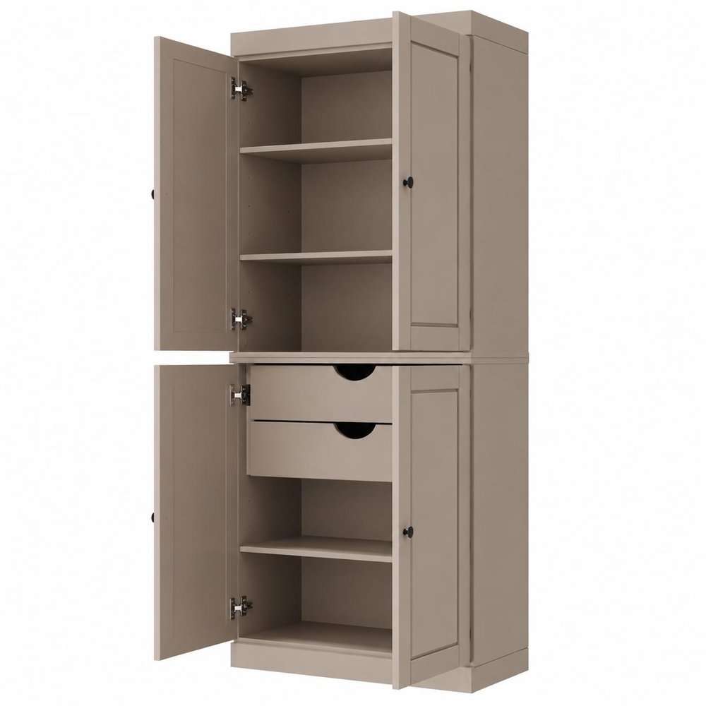 Beige Solid Wood Four Door Two Drawer Pantry or Storage Closet - 72-inch
