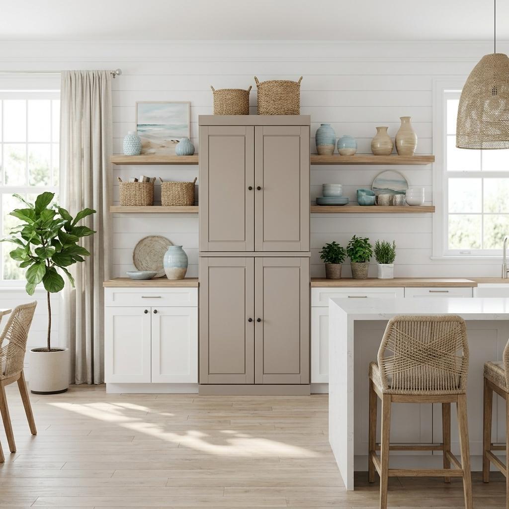 Beige Solid Wood Four Door Two Drawer Pantry or Storage Closet - 72-inch