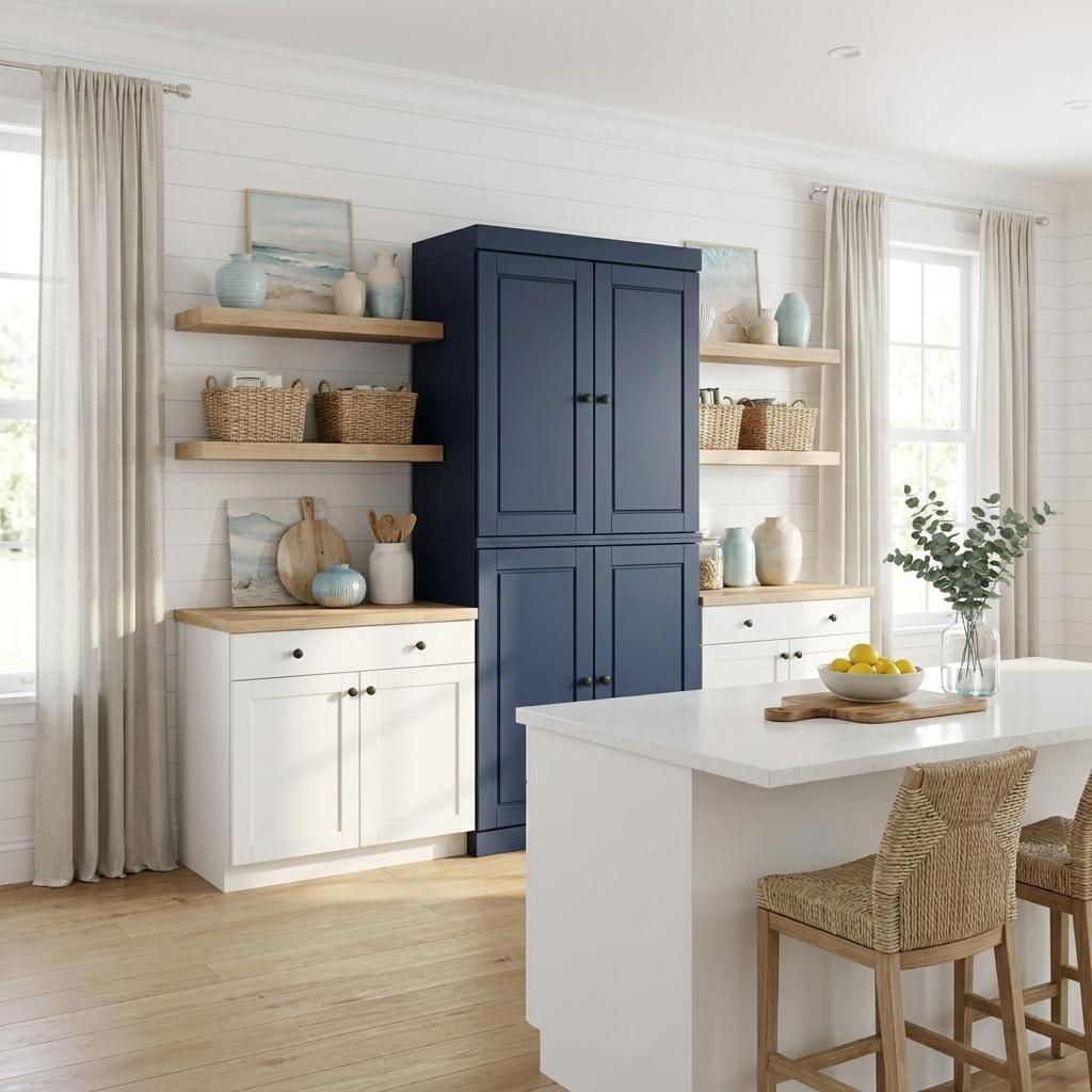 Navy Blue Solid Wood Four Door Two Drawer Pantry or Storage Closet - 72-inch