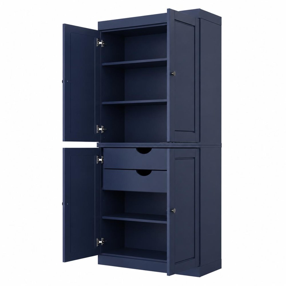Navy Blue Solid Wood Four Door Two Drawer Pantry or Storage Closet - 72-inch