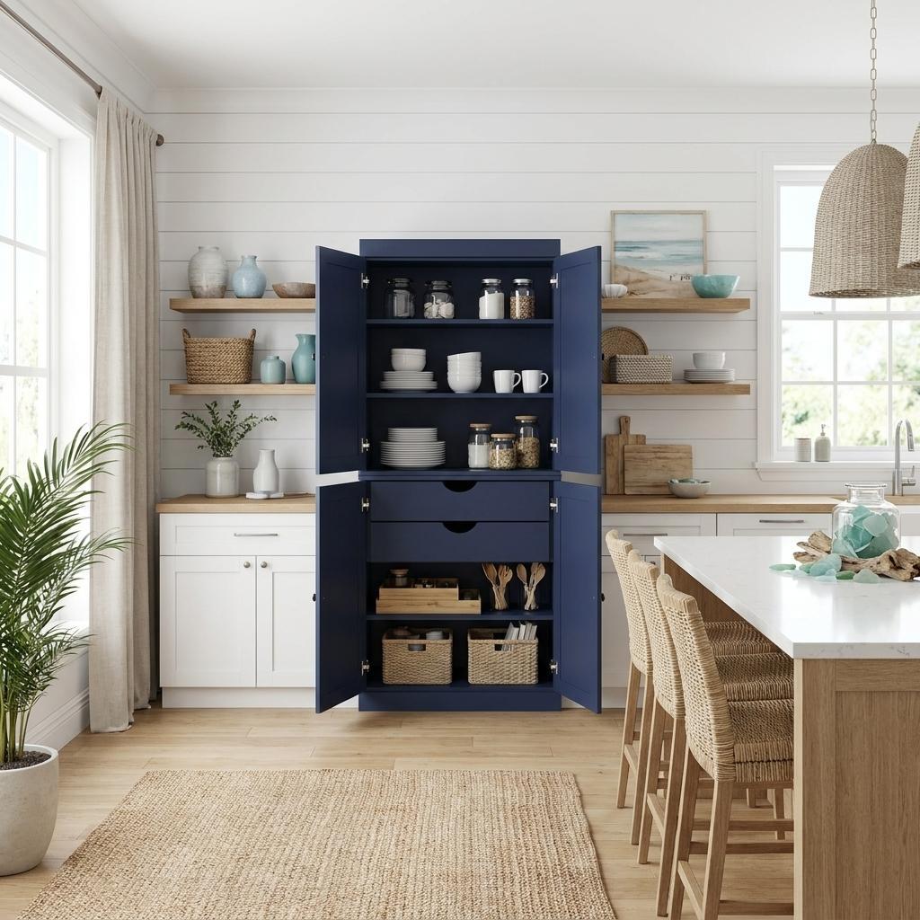 Navy Blue Solid Wood Four Door Two Drawer Pantry or Storage Closet - 72-inch