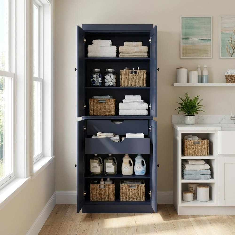 French Blue Solid Wood Four Door Two Drawer Pantry or Storage Closet - 72-inch